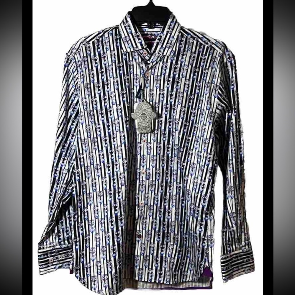 Visconti Men’s Navy White Striped Geo Pattern Buttondown w Natural Stretch Sz S